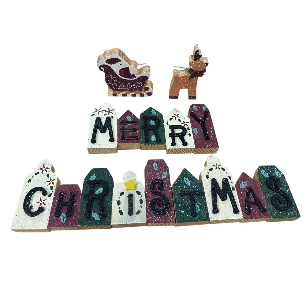 VTG Merry Christmas Wood Block Set Table Counter Window Decor Reindeer Santa Set